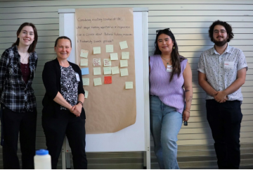 Riley, Jackie, Mailyn, and Fabio stand next to a whiteboard covered in post-it-note feedback.